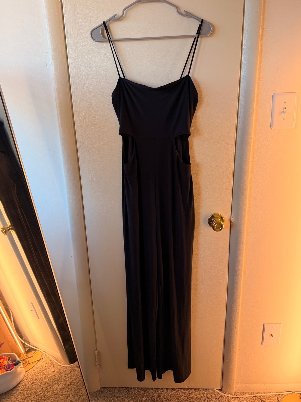 21 Saints Black Wide Leg Cowl Neck Jumpsuit Spaghetti Strap Pockets - Picture 2 of 8